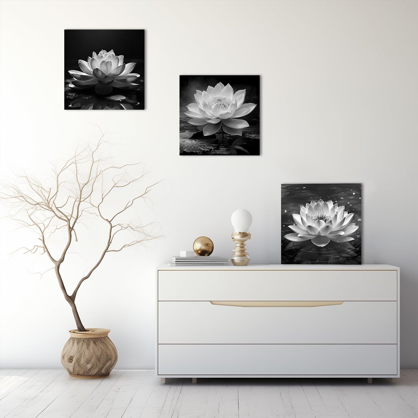 LZIMU Black White Zen Canvas Wall Art Blossom Lotus Picture Water Lily Prints Spiritual Artwork for Bathroom Meditation Yoga Spa Room Decor(Picture-3, (12.00" x 12.00"))
