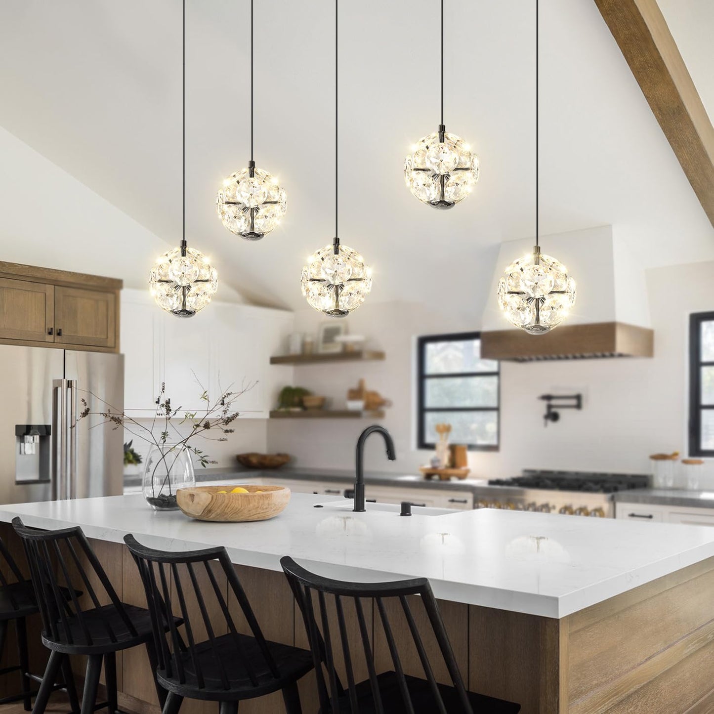 ykolupty 5-Lights Crystal Globe Pendant Light Kitchen Island Black Linear Chandeliers for Dining Room,LED Dimmable Globe Chandelier for Kitchen Living Room Foyer