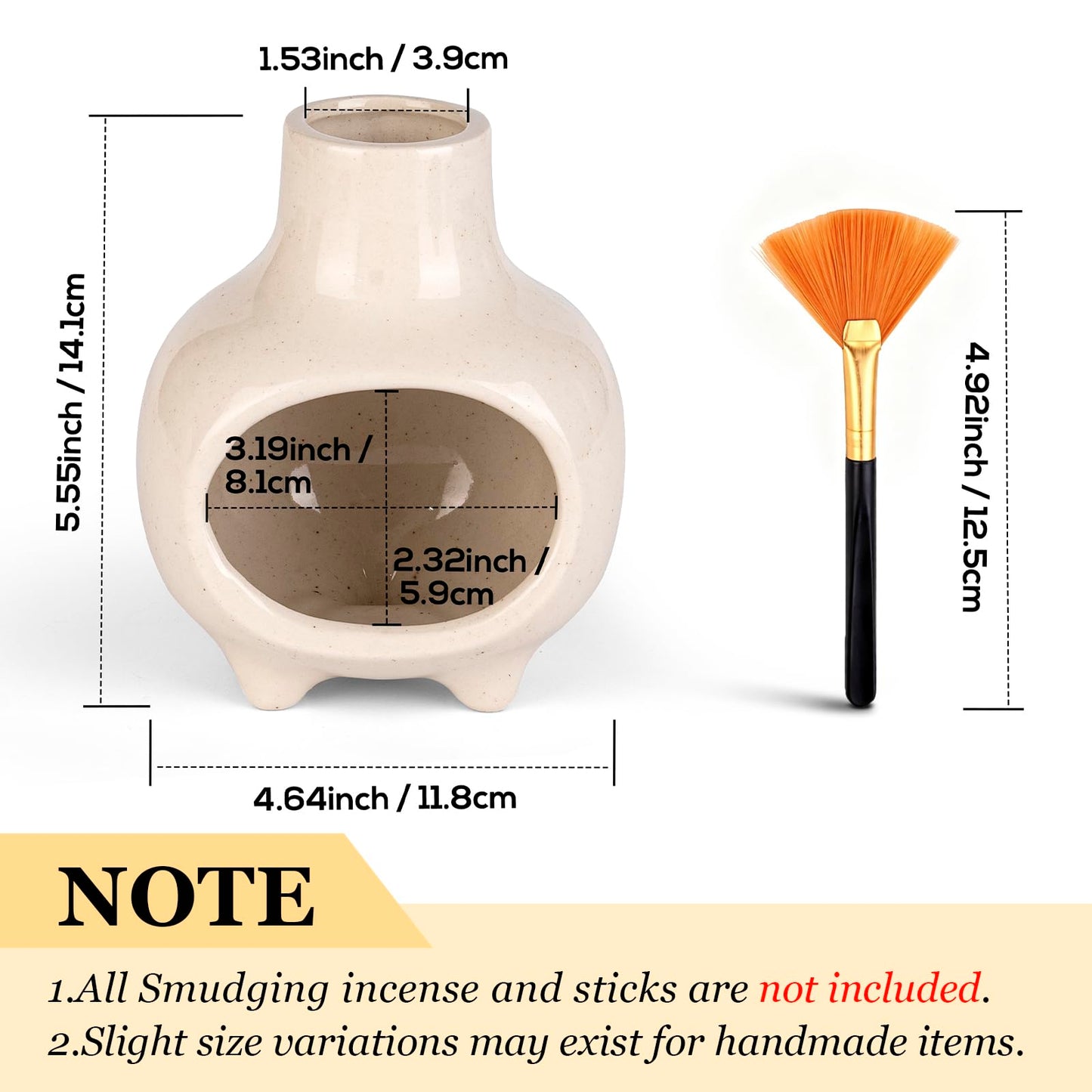 Ceramic Palo Santo Holder Burner with Chimney, Handcrafted Smudge Bowl Ash Catcher for Sage, Incense Cones & Candles, Palo Santo Sticks, for Home, Yoga, Meditation & Spiritual Ceremony (Beige)