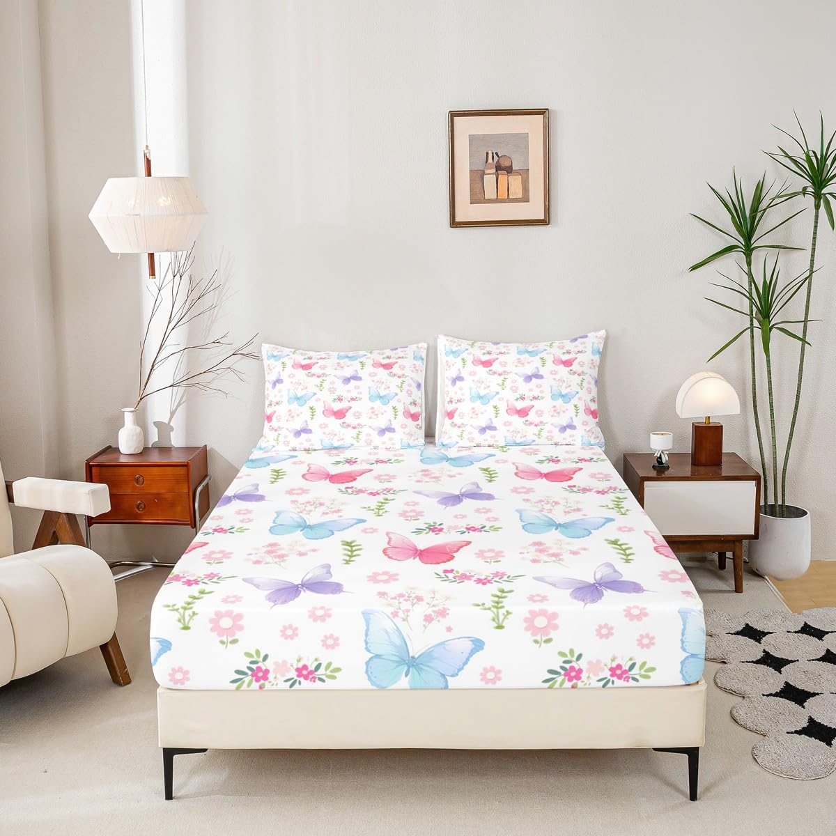 Feelyou Pink Butterfly Fitted Sheet with 1 Pillowcase Twin Size Garden Bed Sheets Set 16" Deep Pocket Boys Girls Purple Blue Butterflies Print Bedding Kawaii Pink Floral Teens Bedroom Decor