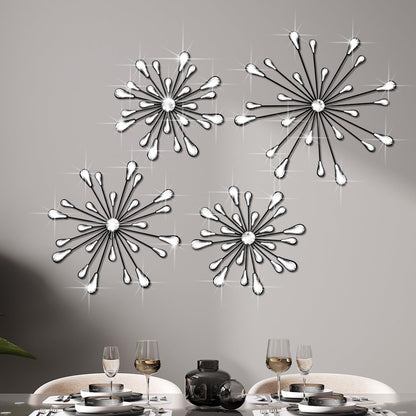 Hicarer 4 Pcs Starburst Wall Decor Bling Wall Art Crystal Teardrop 3D Hanging Rhinestone Radial Metal Artwork Modern Accent Sculptures Decorations for Living Room Home Office Bedroom(Black)