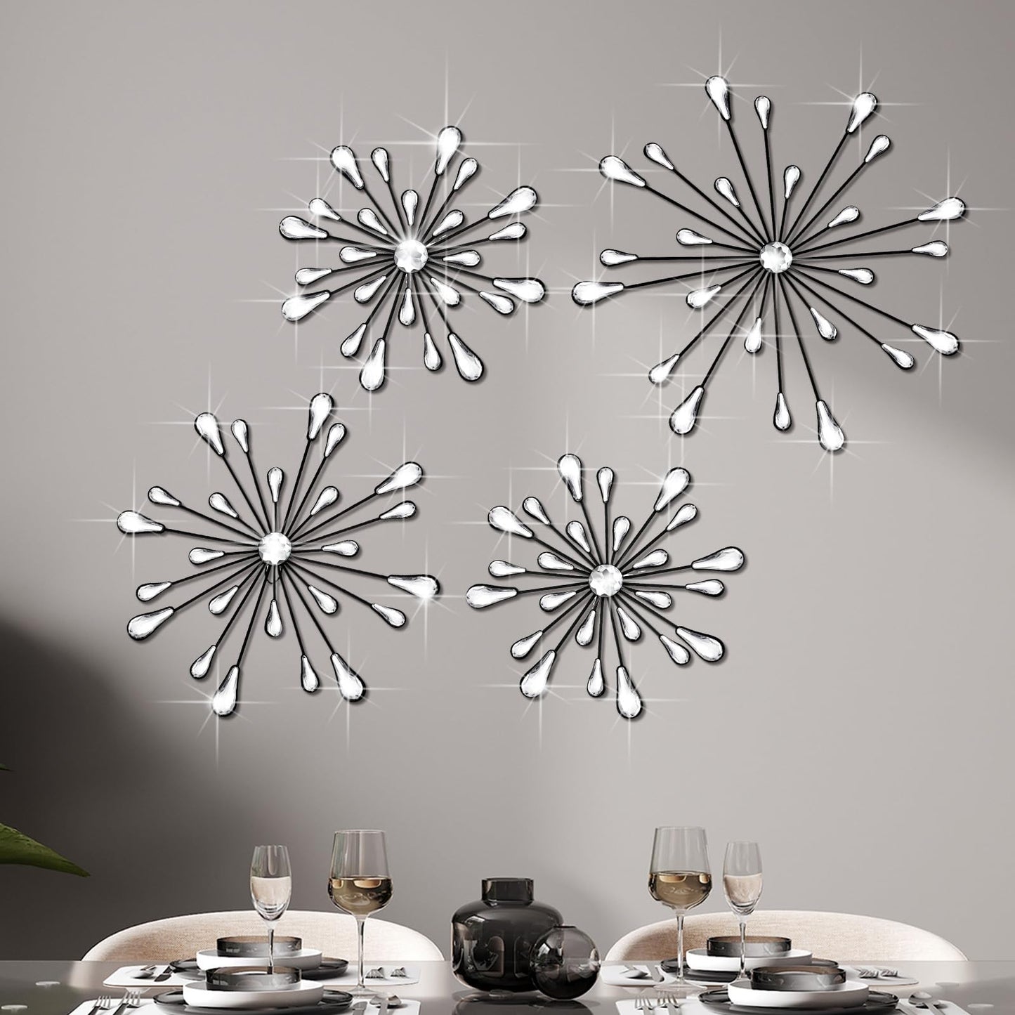 Hicarer 4 Pcs Starburst Wall Decor Bling Wall Art Crystal Teardrop 3D Hanging Rhinestone Radial Metal Artwork Modern Accent Sculptures Decorations for Living Room Home Office Bedroom(Black)