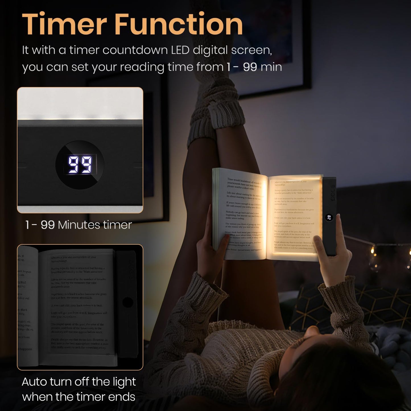Suteng Book Light, Rechargeable Clear LED Flat Reading Light for Reading in Bed at Night with 3 Colors & Timer, Dimmable Full Page Panel Plate Lamp, Bookish Gifts for Readers Kids Women Men (Black)