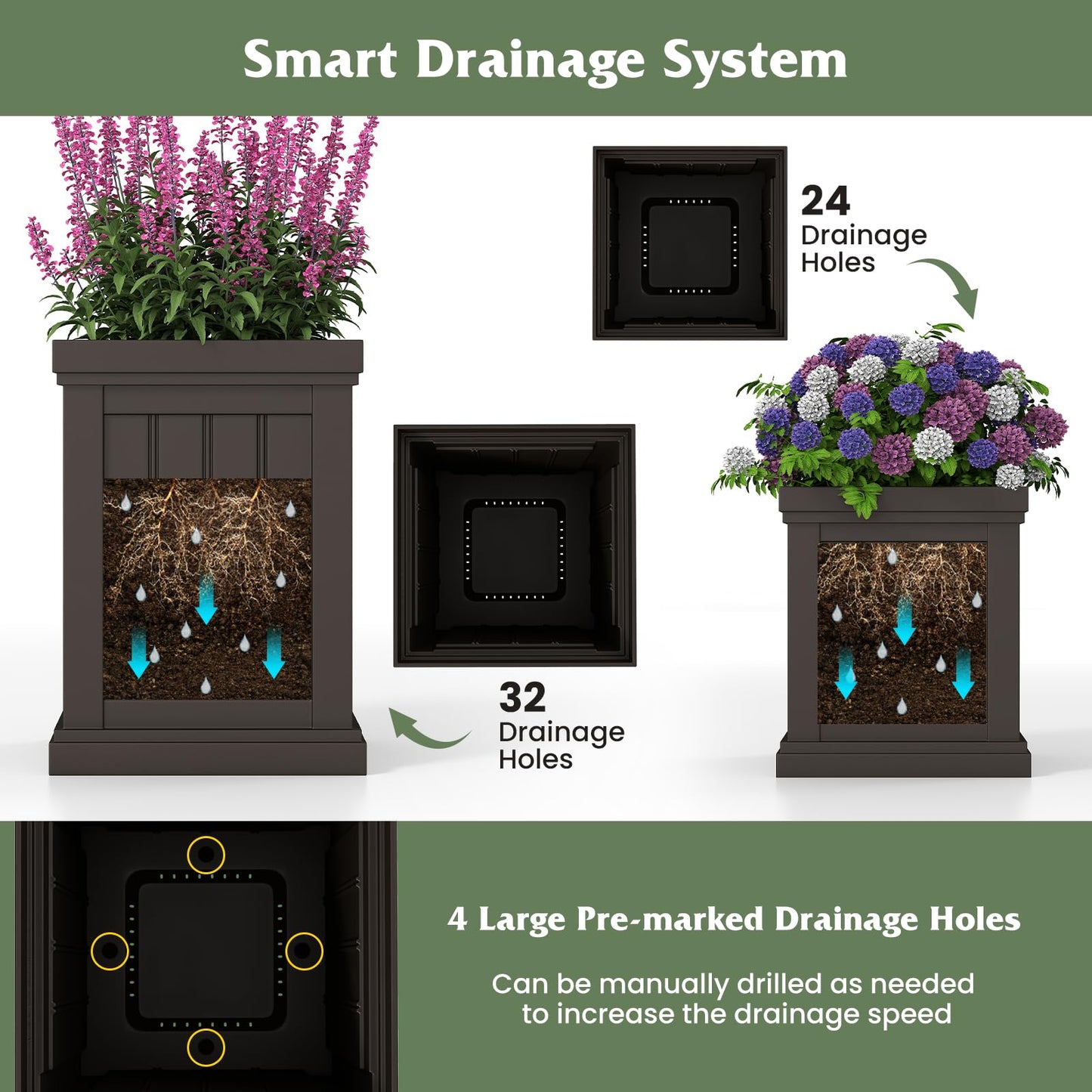 Giantex Square Plastic Planters Set of 2, 19" Large & 13” Small Flower Pots with/Drainage Holes & Nesting Design, Indoor Outdoor Decorative Plant Containers for Front Porch Home Garden Patio (Brown)