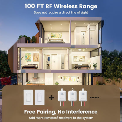 SURAIELEC 3 Way Wireless Light Switch and Receiver Kit, Decorator Rocker Wall Switch, 15 AMP, 100FT, No Wiring No WiFi, Remote Control for Lighting, Neutral Wire Required (Upgrade Antenna Model)