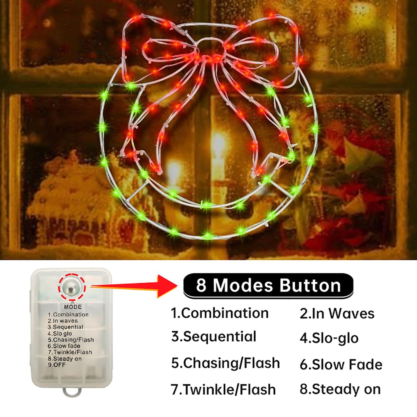 Christmas Wreath Window Silhouette Lights - 12.5" x 13.5" Bright LED Christmas Wreath with Bow, 8 Modes USB Powered / Battery Operated Window Lights for Wall Door Home Party Decor, Red and Green