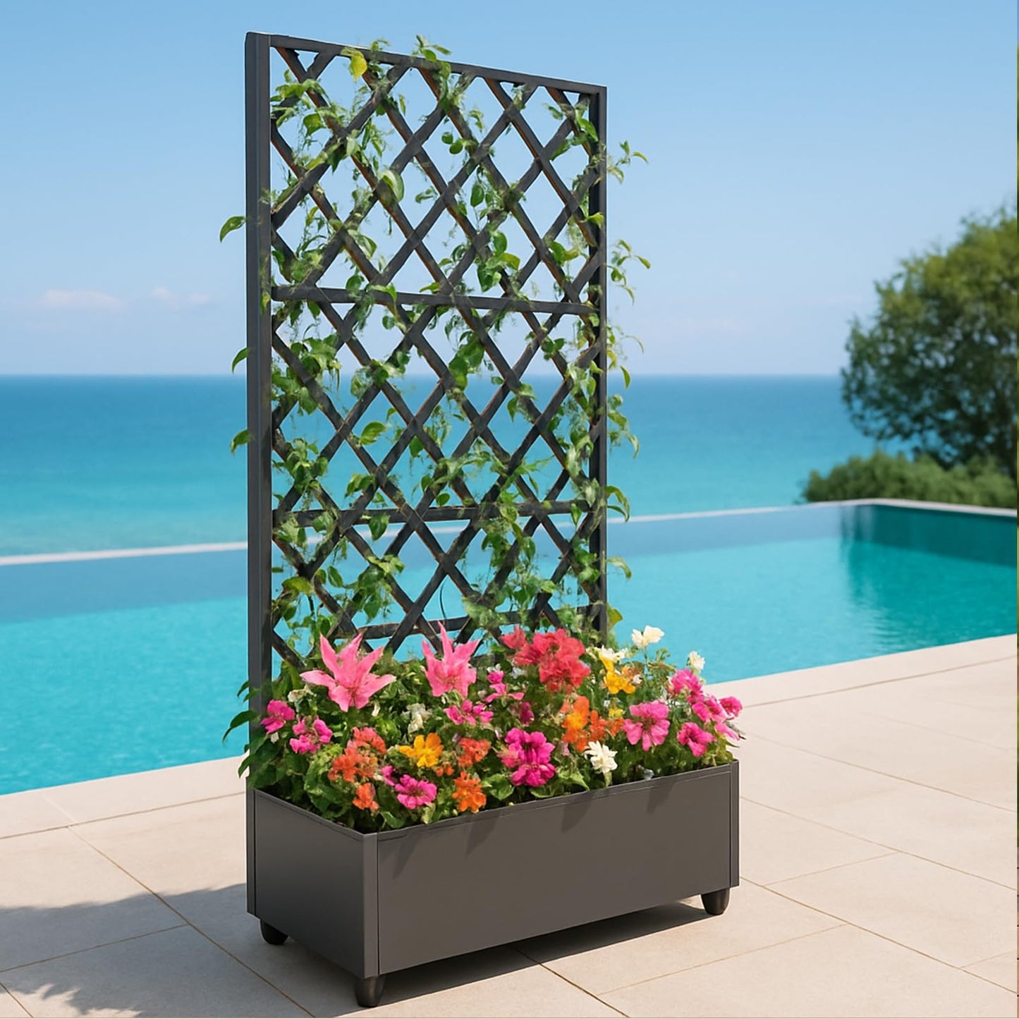 PeacefulHues Metal Planter Box, Galvanized Raised Garden Bed with Wheels & Trellis - 72"x35" Planter Box for Climbing Plants, Vines, Flowers, Black