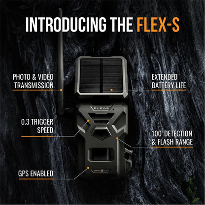 SPYPOINT FLEX-S Solar Outdoor Cellular Trail Camera - Integrated Solar Panel, No WiFi Needed, Hunting & Game Camera with Night Vision Motion Activated, Dual-Sim LTE, 36MP Photos, 1080p Videos + Sound