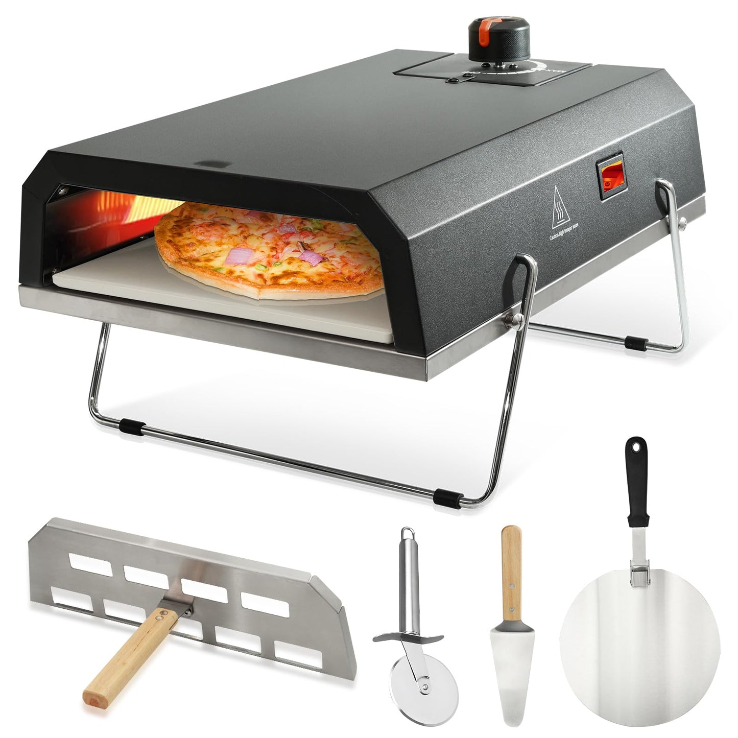 AJinTeby Outdoor Gas Pizza Oven, Portable Propane Pizza Maker with Stone Baffle Door Peel and Cutter Gas Cooker, Pizza Grilling Stove for Outdoor Indoor Kitchen, Grey