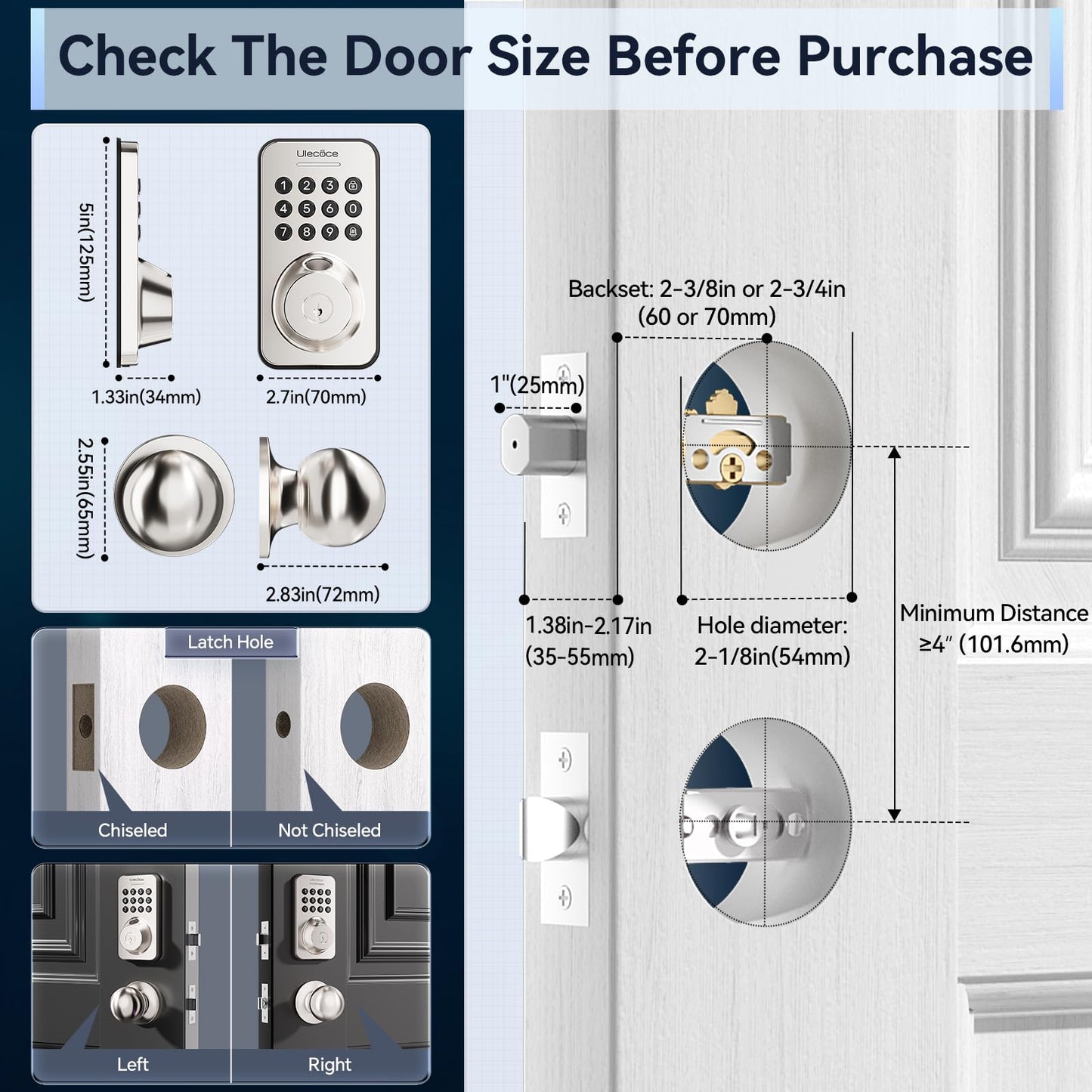 Ulecoce Fingerprint Keypad Deadbolt with Handle Set, Keyless Entry Door Lock, Door Locks for Front Door Lock Set, App Control, Auto Locking, Easy to Install, Satin Nickel