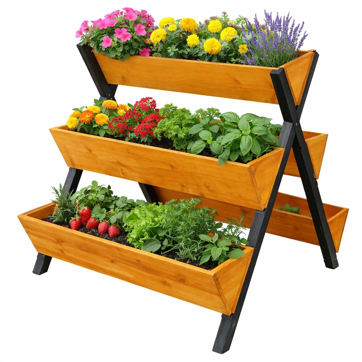 SRECELL 3-Tier Wooden Raised Garden Bed with Legs, 5-Planter Vertical Planter Box with X-Legs for Flowers, Herbs & Vegetables, Freestanding Tiered Wood Plant Stand for Patio & Balcony, Brown