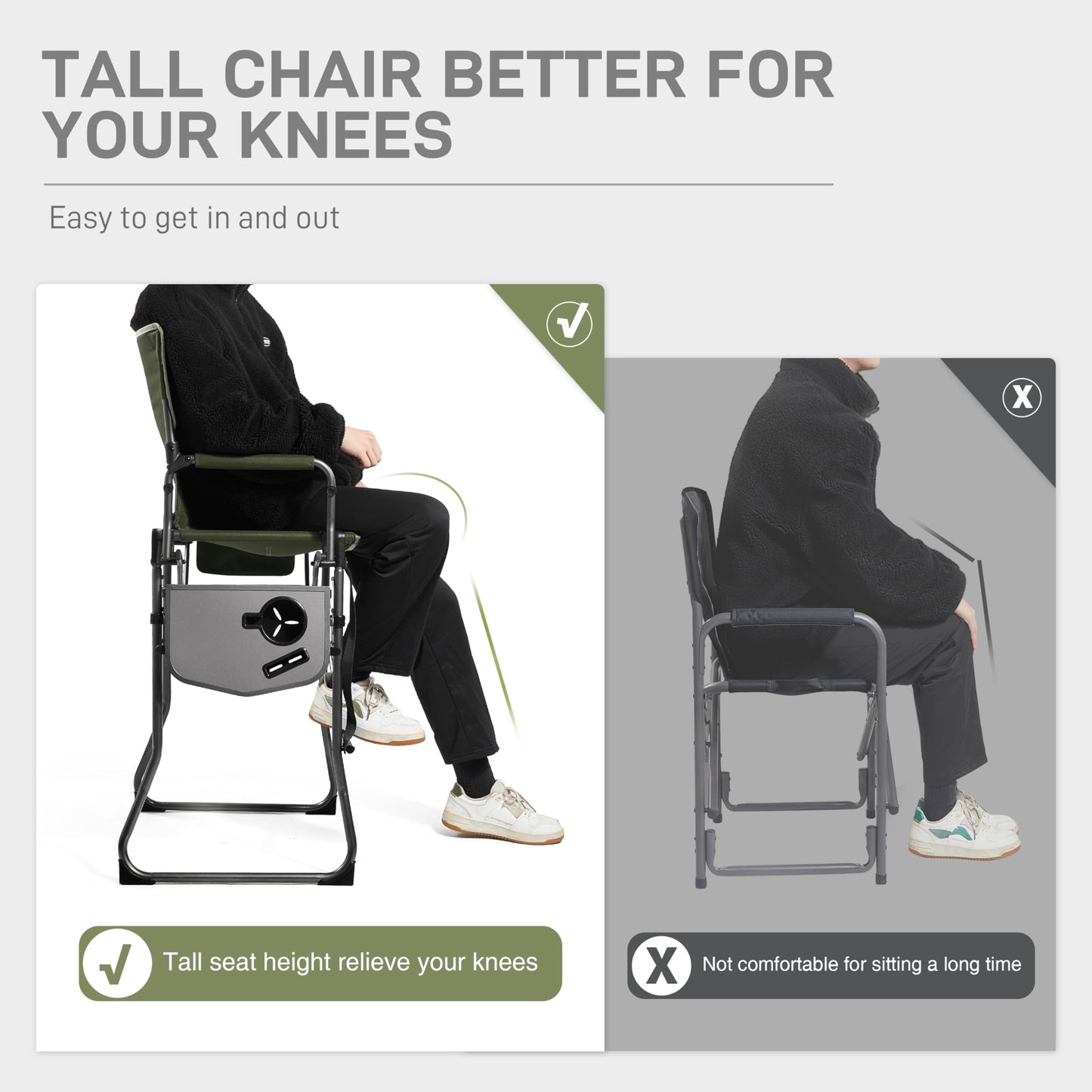 EVER ADVANCED Portable 30.7" Seat Height Tall Folding Camping Chair Directors Chair High Foldable Bar Stool with Side Table for Makeup Artist, Sports Event, Craft Show, Supports 350LBS