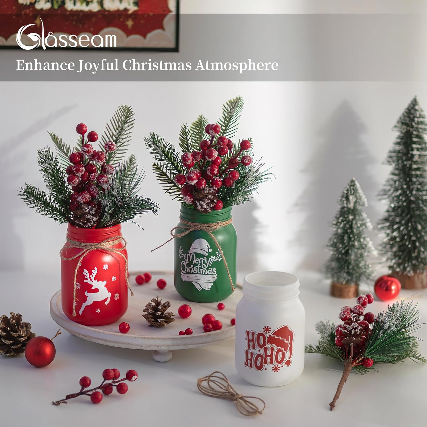 Glasseam Christmas Vases for Table Centerpiece: 3pcs Christmas Decorations Mason Jar with Artificial Flowers - Glass Flower Vases Set for Indoor Fireplace Mantle Home Decor