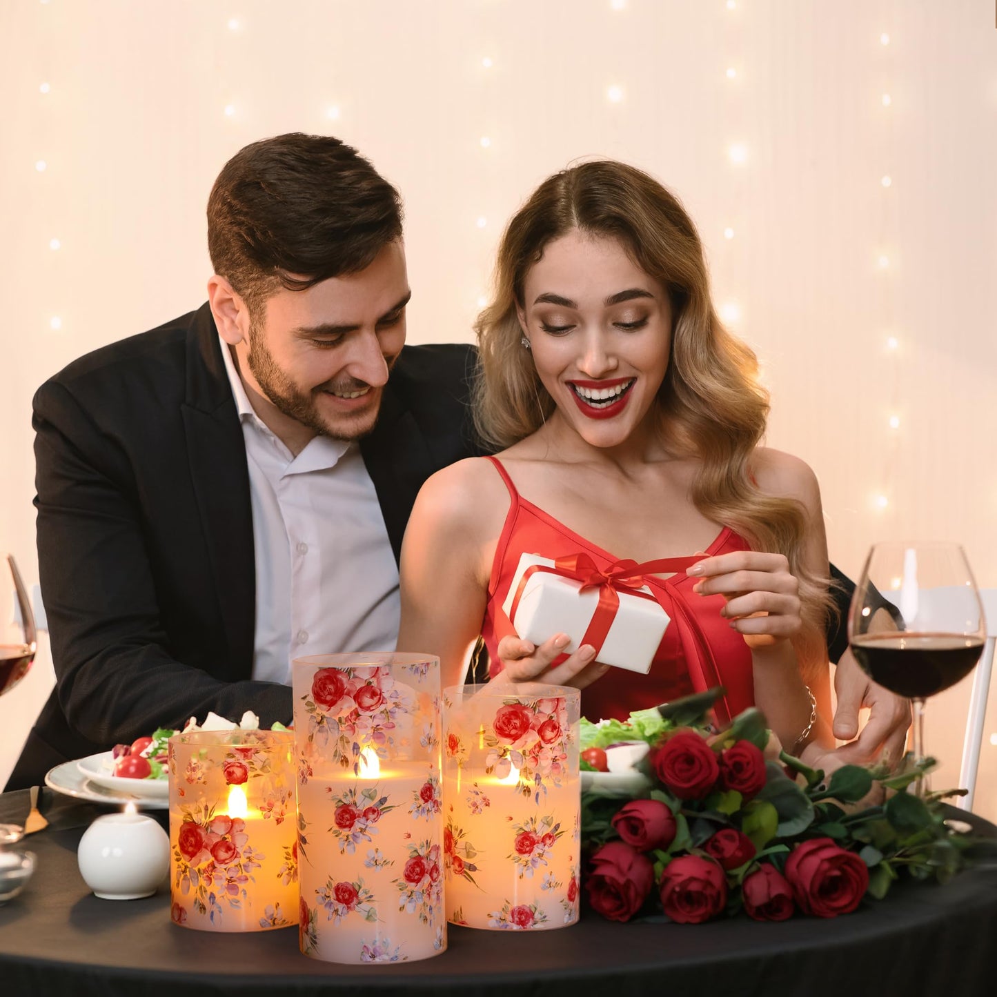 AFINETH Rose Flameless Candles Set of 3 – Glass Battery Operated Candles with Remote, Flickering Floral Flameless Candle for Wedding, Home, Party Gift