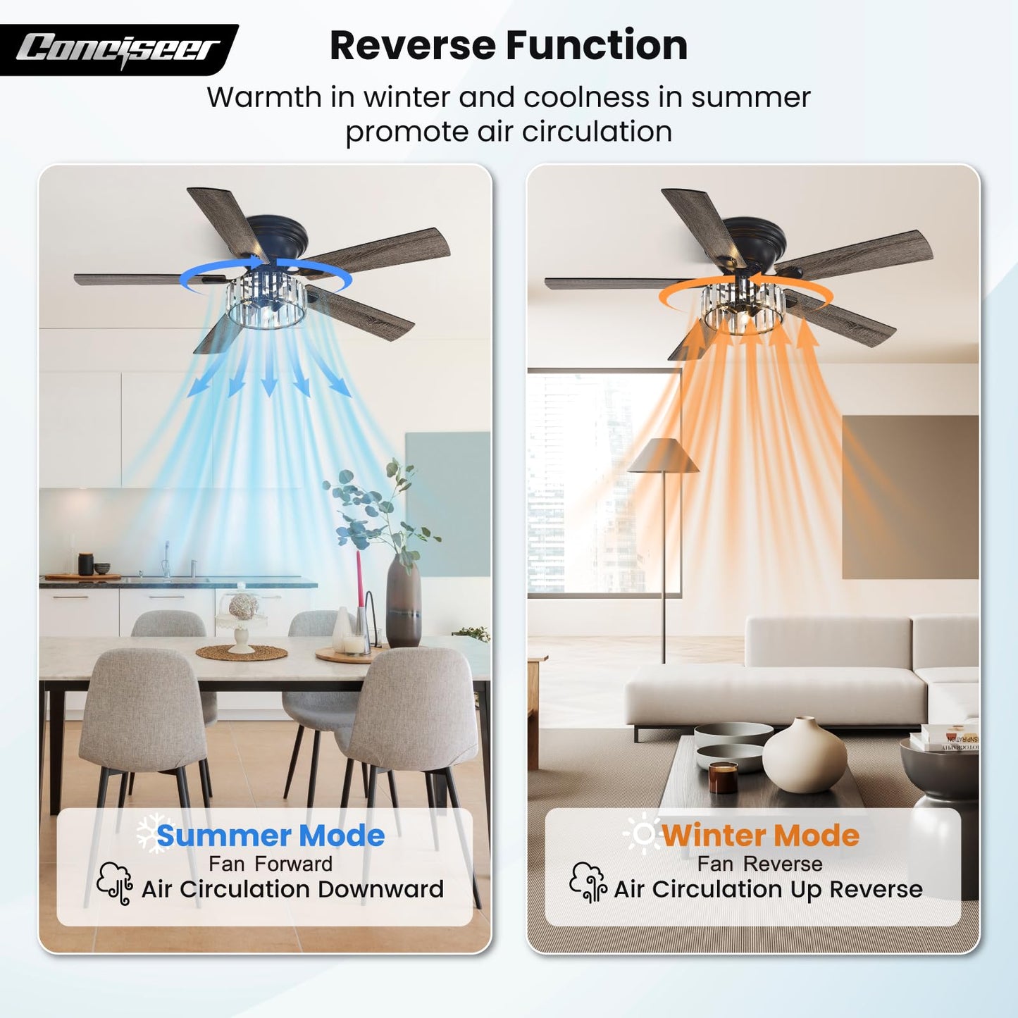 Chandelier Crystal Ceiling Fans with Lights, 52 Inch Chandelier with Light and Remote for Bedroom Living Room Kitchen Office, 3CCT, 5 Blades 6 Speed Reversible Dimmable Quiet DC Motor Burlywood