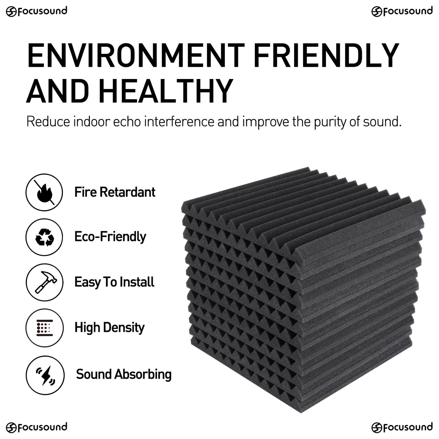 Focusound 50 Pack Acoustic Foam Panels 1" x 12" x 12" Sound Proof Foam Panles Soundproofing Noise Cancelling Wedge Panels for Home Office Recoding Studio with 300PCS Double-Side Adhesive