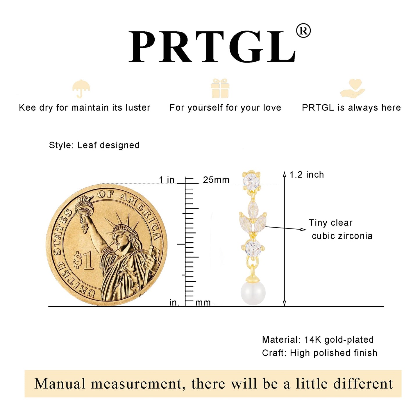 PRTGL Pearl Earrings: 14k Gold-plated Cubic Zirconia Accented Pearl Dangle Wedding Engagement Earrings For Women Bridal Bridesmaid (Leaf Designed)