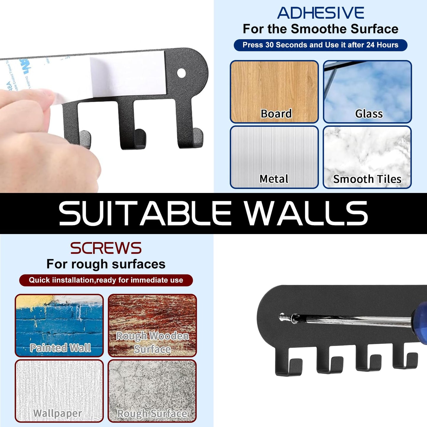 Suzurana 2 Pack Key Holder for Wall,Key Hooks with 10 Hooks,Key Holder Wall Mount Self Adhesive, Key Rack for Wall No Drill for Living Room, Kitchen, Bathroom, Garage (Black)