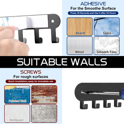 Suzurana 2 Pack Key Holder for Wall,Key Hooks with 10 Hooks,Key Holder Wall Mount Self Adhesive, Key Rack for Wall No Drill for Living Room, Kitchen, Bathroom, Garage (Black)