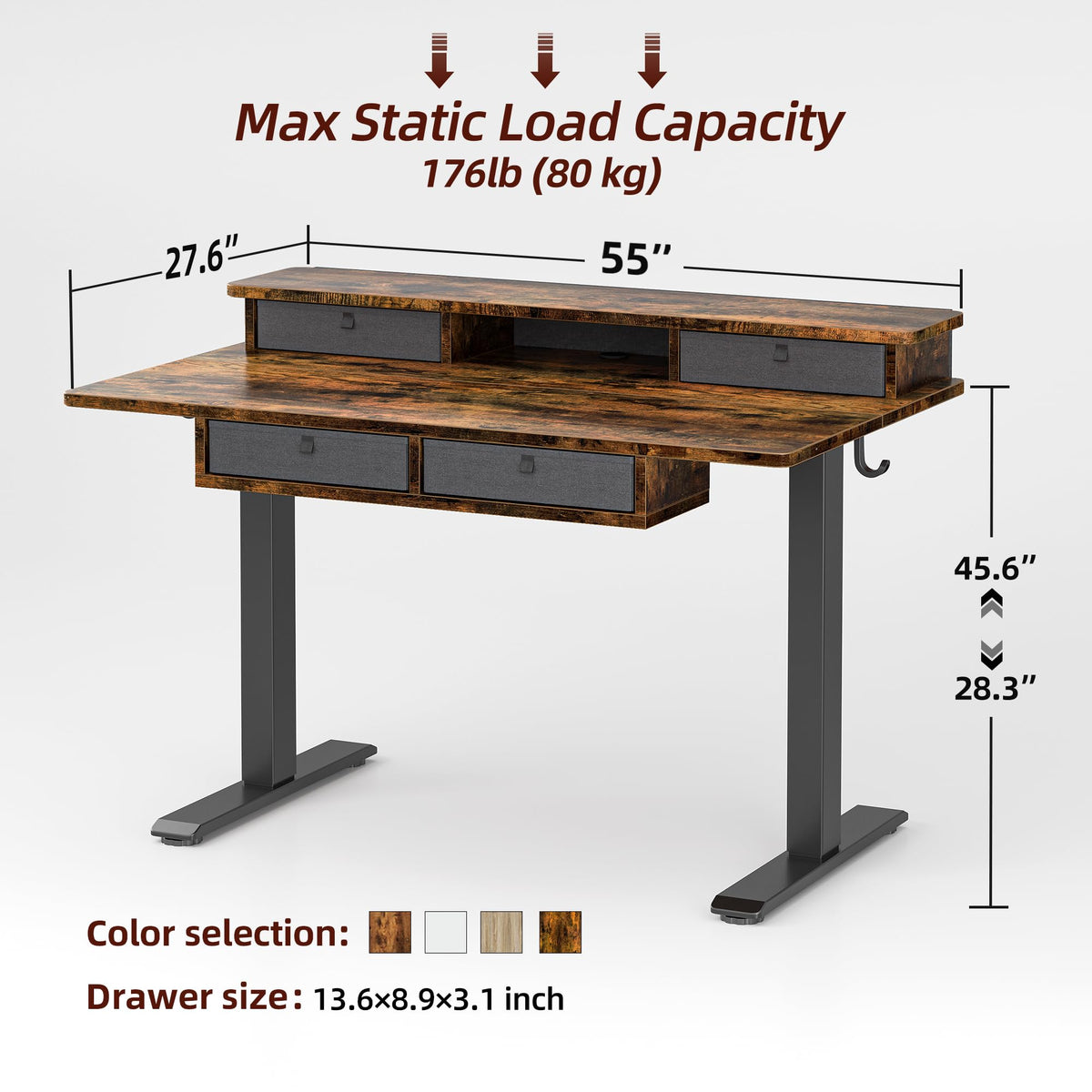 TIQLAB 55 * 28 Inch Standing Desk with Four Drawers, Electric Sit Stand Table, Stand Up Desk Adjustable Height with Storage Shelf, Splice Board, Deep Vintage