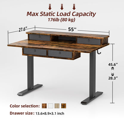 TIQLAB 55 * 28 Inch Standing Desk with Four Drawers, Electric Sit Stand Table, Stand Up Desk Adjustable Height with Storage Shelf, Splice Board, Deep Vintage