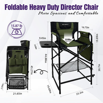 WKFAMOUT Tall Folding Directors Chair with Side Table 30.71" Seat Height Foldable Camping Chair Bar Stool for Makeup Artist Face Painting with Footrest and Storage Pocket Supports 350LBS