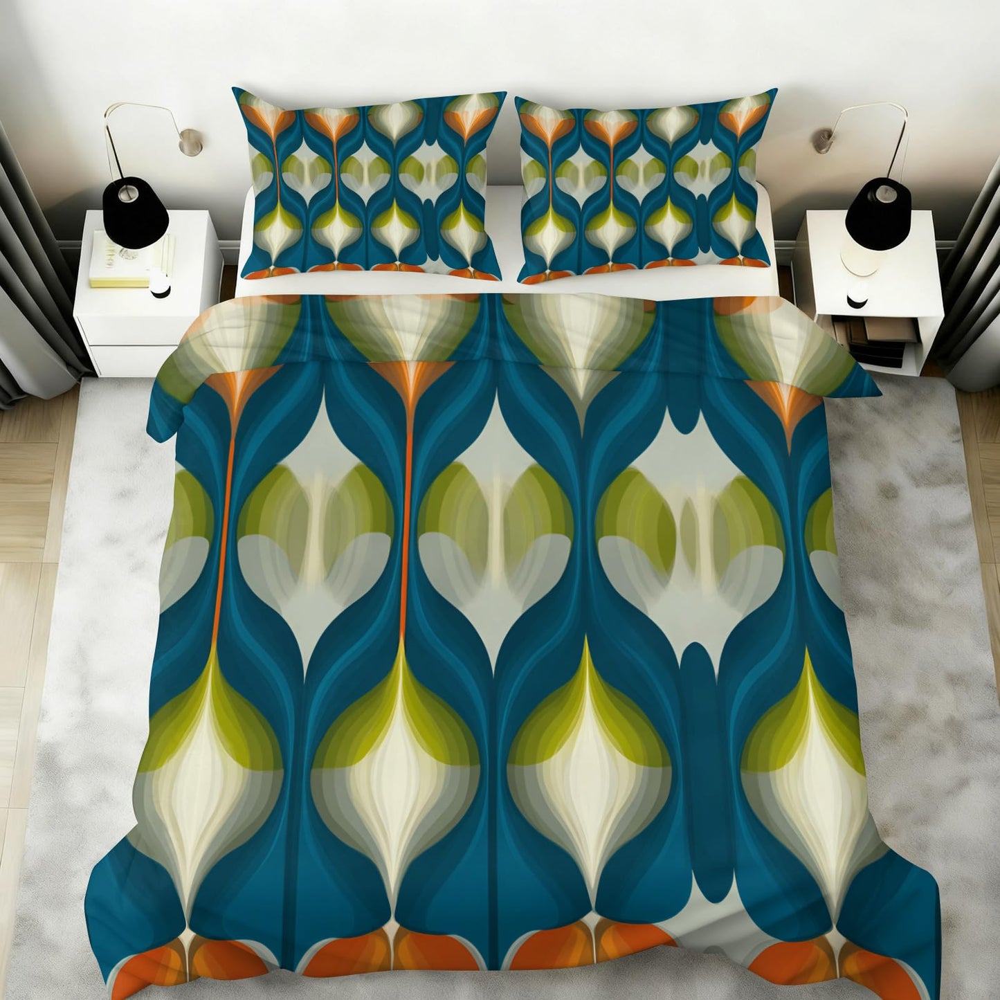 ZAOMIR Mid Century Modern Duvet Cover Queen Size, Groovy Abstract Retro Bedding Set 3 Piece, Blue Green Geometric Patterned Comforter Cover with Zipper Soft Microfiber, 2 Pillowcases