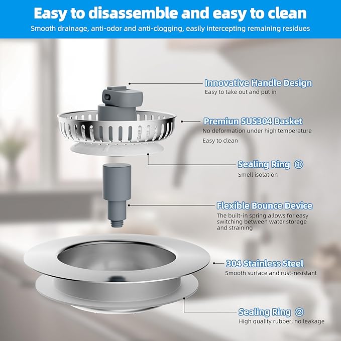 Hibbent 3 in 1 Kitchen Sink Drain Strainer, Stainless Steel Drain Stopper Combo