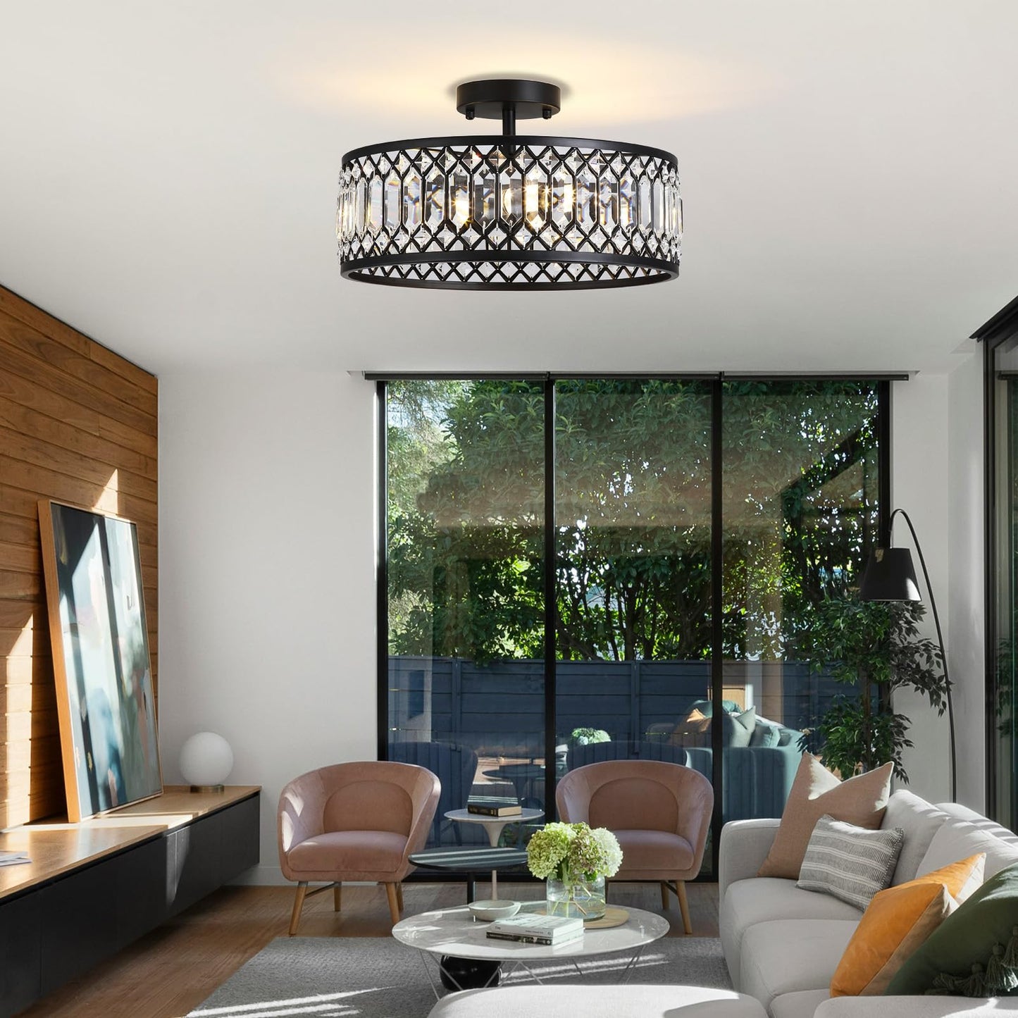 16" Black Crystal Ceiling Light, 3-Light Modern Semi Flush Mount Ceiling Light Fixture, Round Crystal Chandelier for Dining Room Bedroom Living Room Kitchen Hallway, E26 Sockets