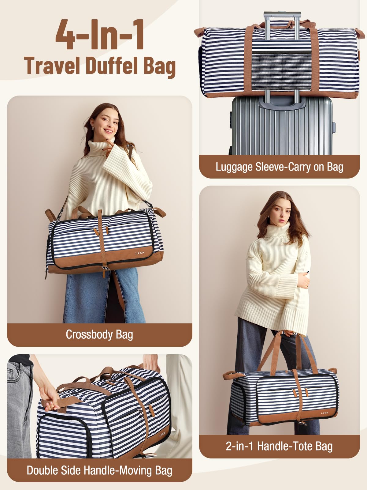 Lekesky Large Foldable Travel Duffe Bag - 150L Waterproof Holdall Luggage Bag with Shoes Compartment, Weekend Overnight Sports Bag for Women and Men(Striped, 84 * 42 * 43cm)