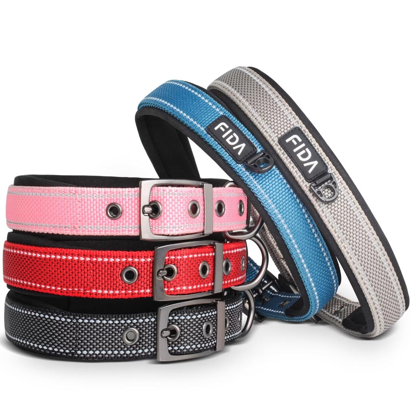 Fida Padded Dog Collar, Metal Belt Buckle Dog Collar with Double-Layer Webbing, Heavy Duty Collar for Medium Dogs, Red