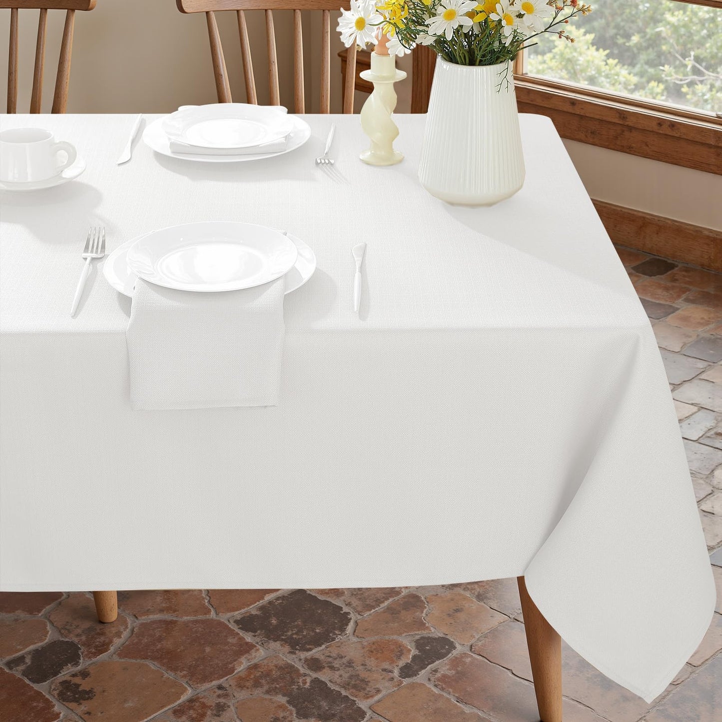 Honellaty Faux Linen Rectangle Tablecloth, 200GSM Waterproof Washable Textured Woven Table Cloth, Fabric Table Cover for Dining, Party, Wedding, Indoor Outdoor (60 x 84 Inch Rectangular, White)