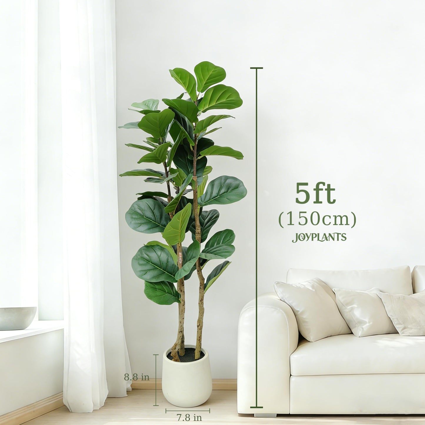 Joyplants 5ft Fake Fiddle Leaf Fig Tree, Realistic Fake Plants with Natural-Looking Trunk, Evergreen Faux Plants Indoor for Home & Office Decor（3 Poles, White Pot）