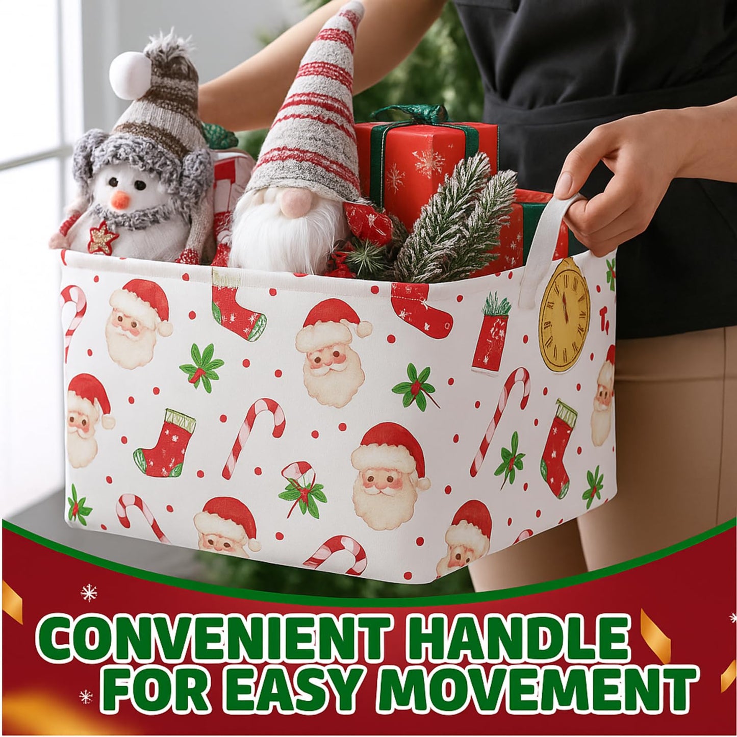 Breling 4 Pcs Christmas Storage Basket Snowman Santa Claus Candy Cane Snowman Basket with Handles Large Collapsible Storage Bins Boxes for Xmas Gift Laundry Shelves Home Office, 15 x 10 x 8 Inch