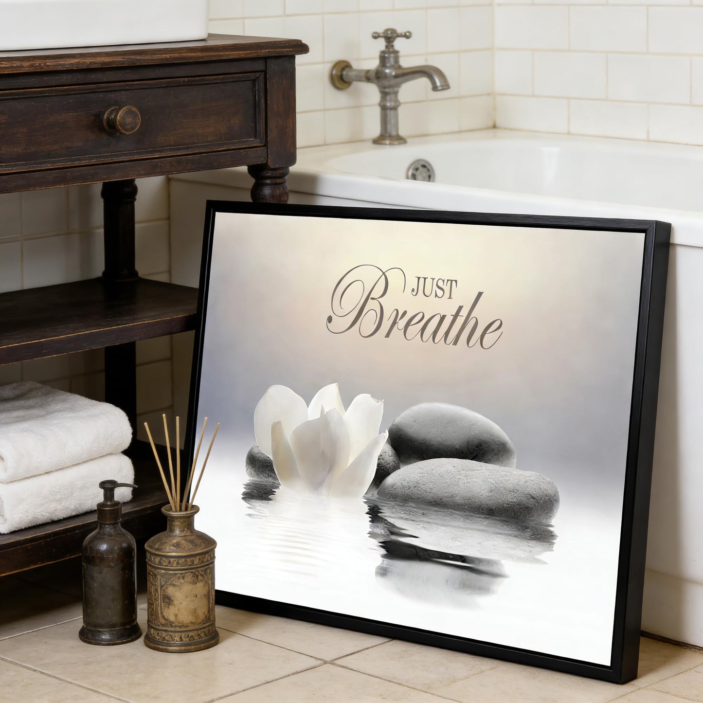 MKCIPJWC Black Framed Zen Stone Wall Art Just Breathe Yoga Quotes Wall Decor White Lotus Flower Canvas Print for Spa Bathroom 12x16 Inch