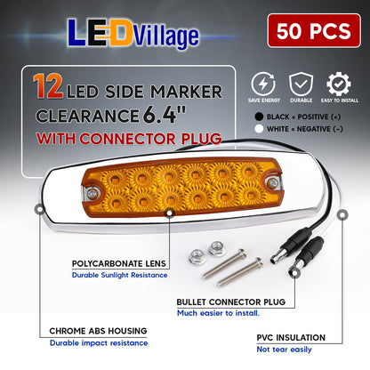 Ledvillage 50 Pack Amber LED Side Marker Lights with 2-Wire Plug 12LED Waterproof Clearance Fender Lamp for Trailer Truck RV SUV Surface Mount with Screws 12V DC