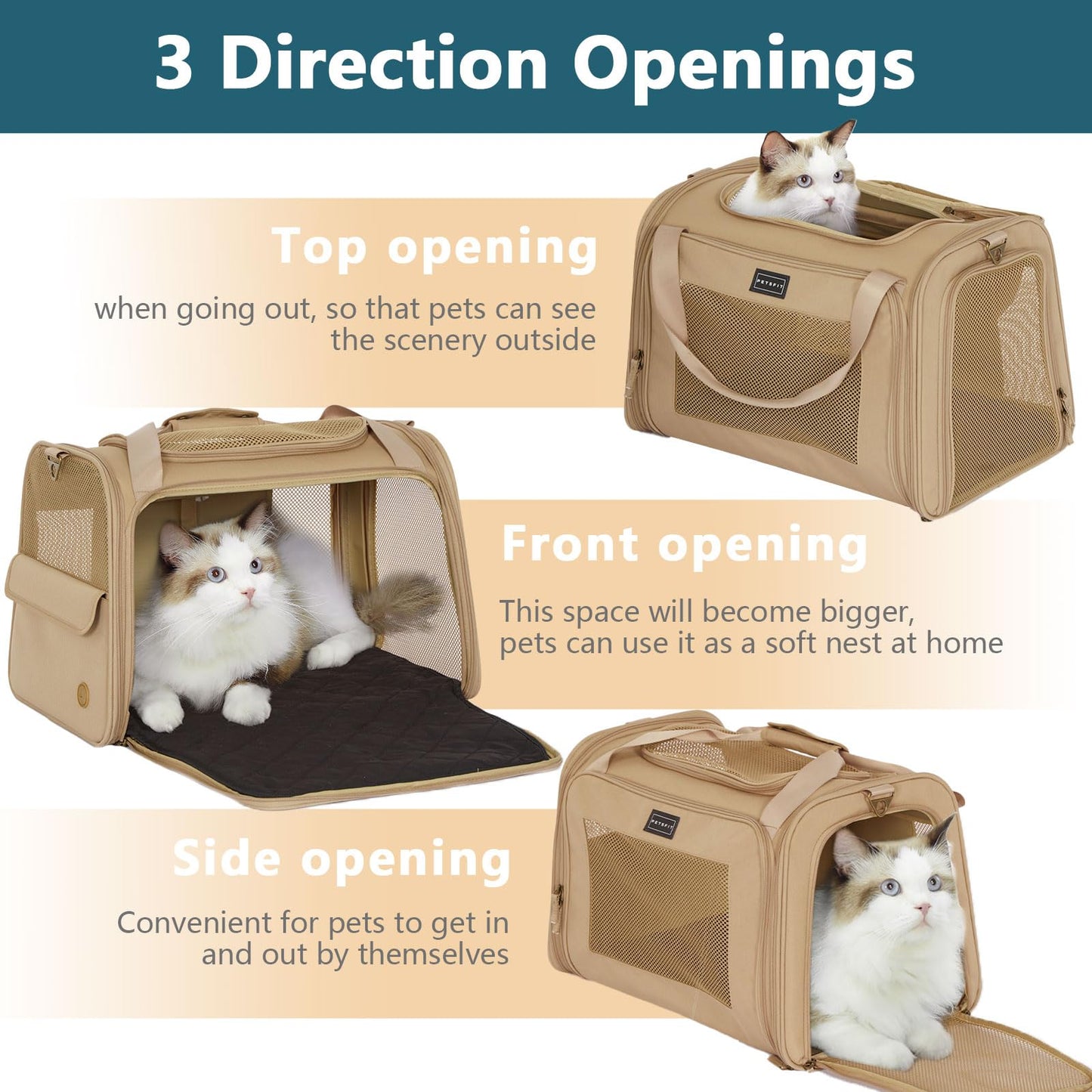 Petsfit Large Cat Carrier, Lightweight Travel Use Pet Carrier for Small Dogs and Cat, Dog Carriers with Expandable mat, Upgraded Large Space Soft Sided Pet Travel Carrier, Khaki