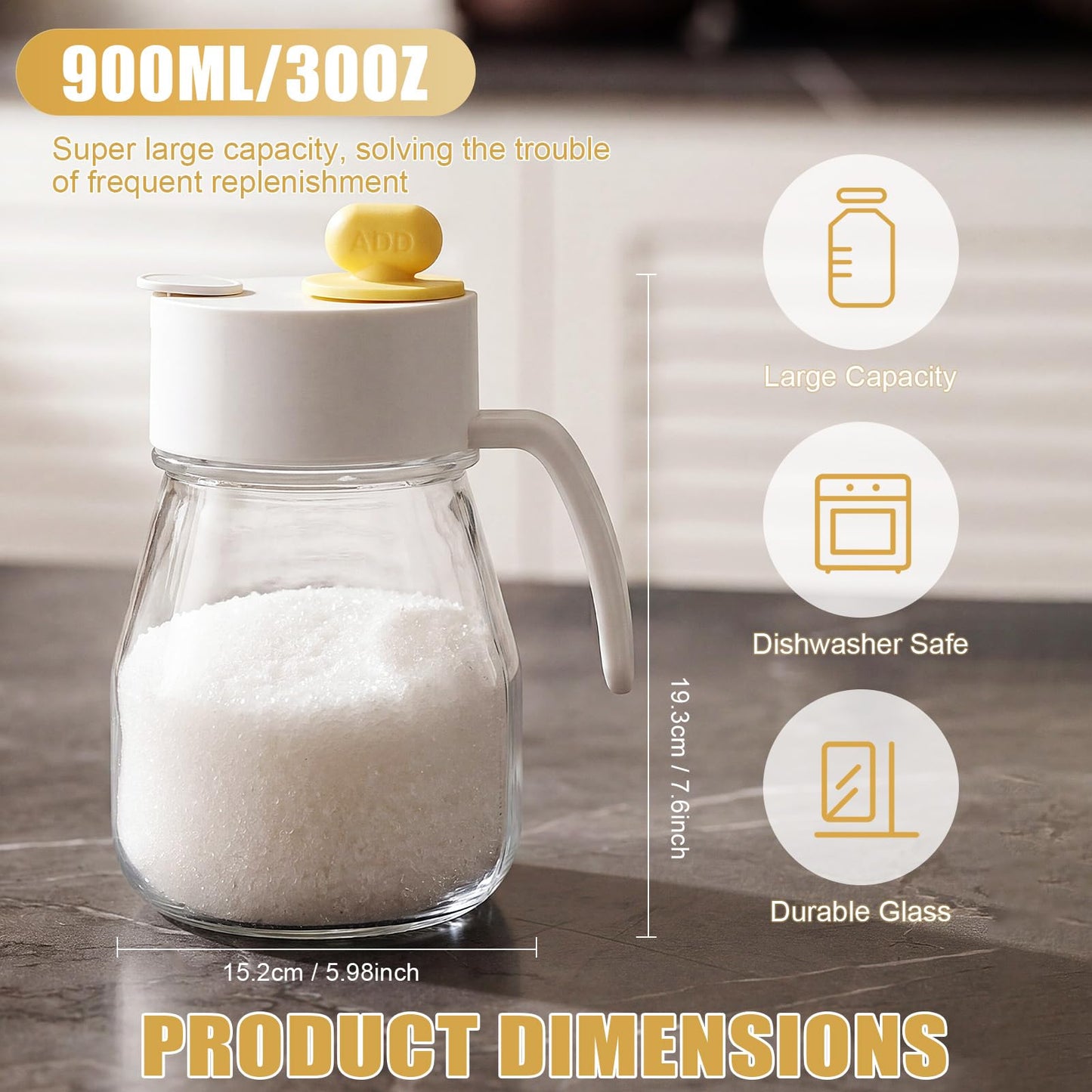 LemonRoad 30 oz Large Glass Sugar Dispenser with Pour Spout for Sugar, Coffee, Top Filling Port Design for Easy Refill, Large Capacity Sugars Container Glass Jars for Salt Kitchen Baking
