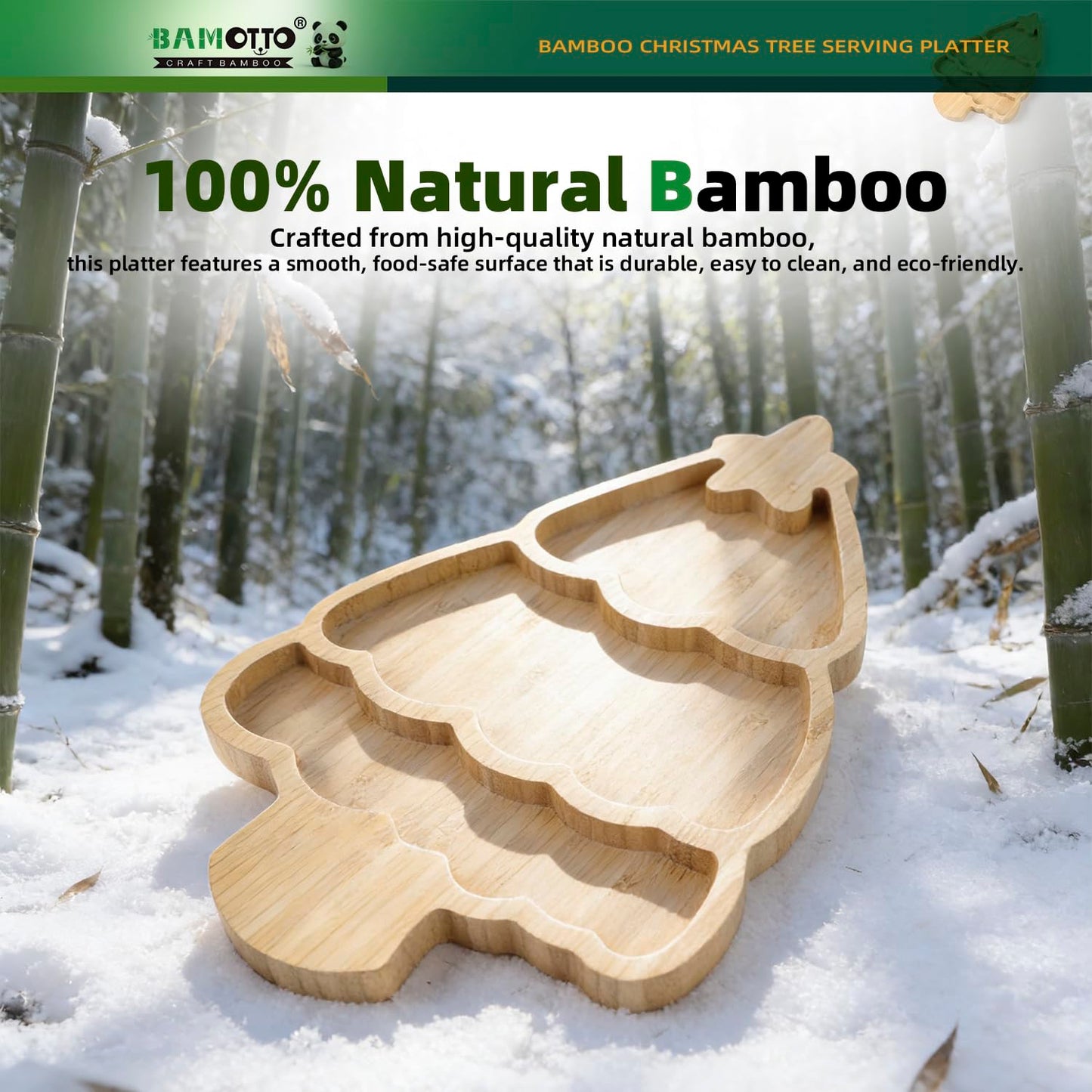 BAMOTTO CRAFTBAMBOO Bamboo Christmas Tree Serving Platter - 13.5"x8.8" Large Kids Snack Plate, Food Safe Charcuterie Board for Christmas Thanksgiving, Divided Tray for Fruit, Dessert, Baby Food