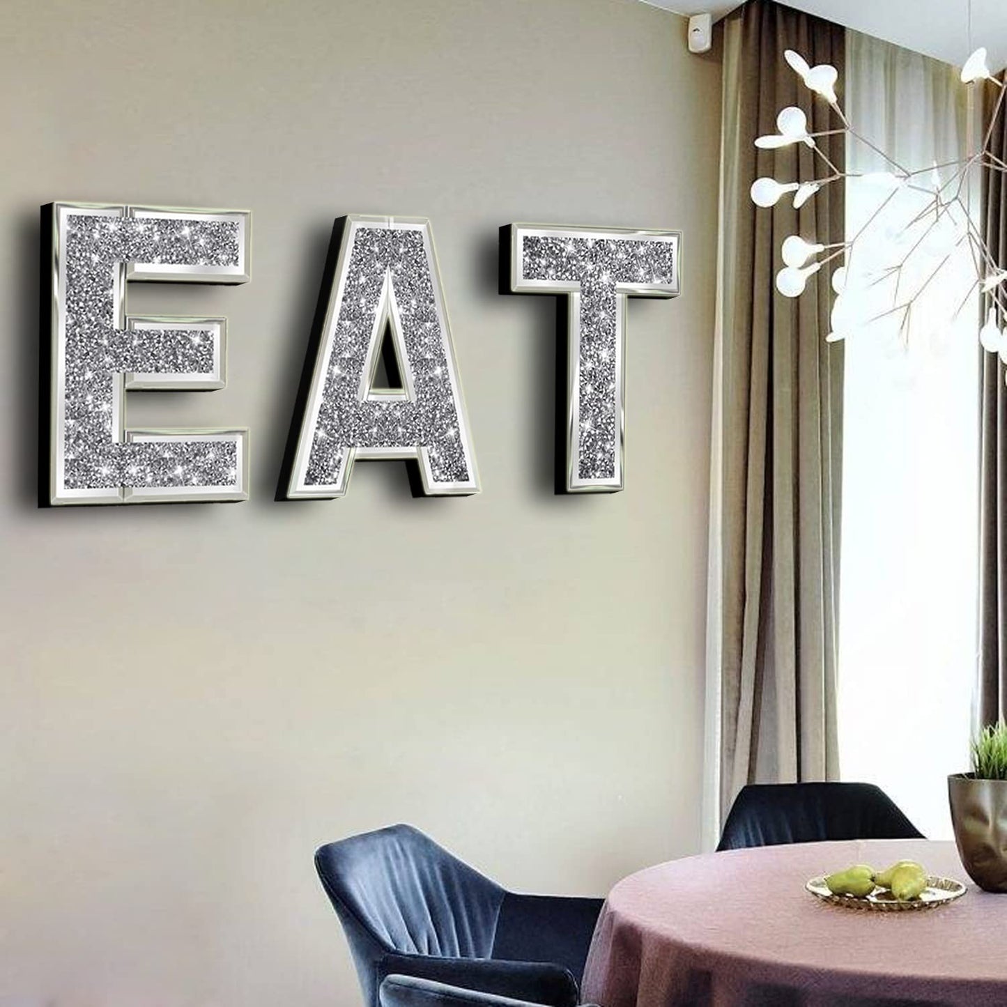 ZOLAPI 3 pcs Independent Letters EAT.Glam Crystal Diamond Letters.Silver Mirror Glass Home Decoration for Wall, Kitchen,Living room, Fireplace, Bookshelf and Table.
