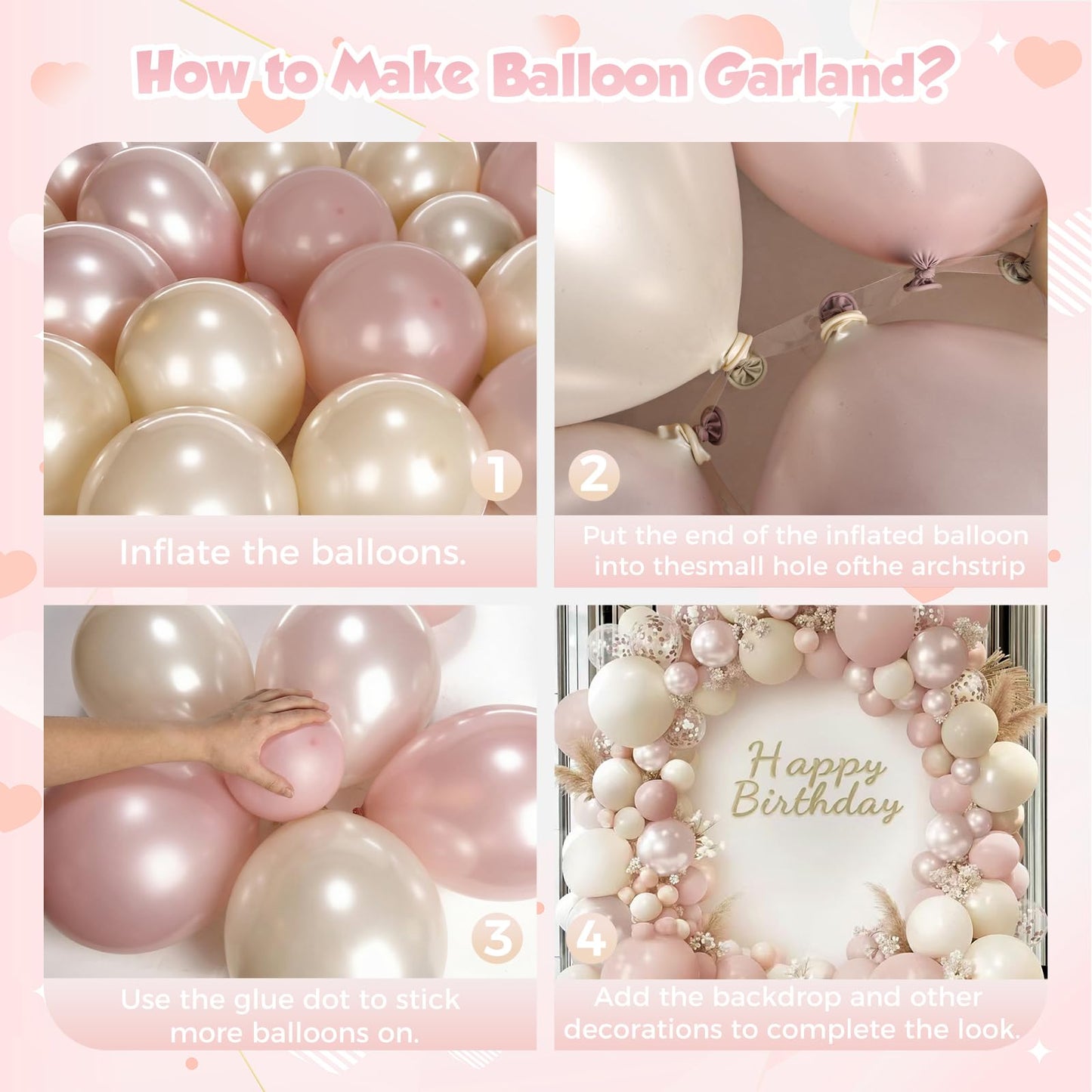 PTGOLUO Boho Dusty Pink Balloon Arch Garland Kit 153pcs, Double Stuffed White Pearl Balloon Blush Neutral Pink Balloons Arch Kit for Birthday Wedding Bridal Baby Shower Gender Reveal Party Decoration