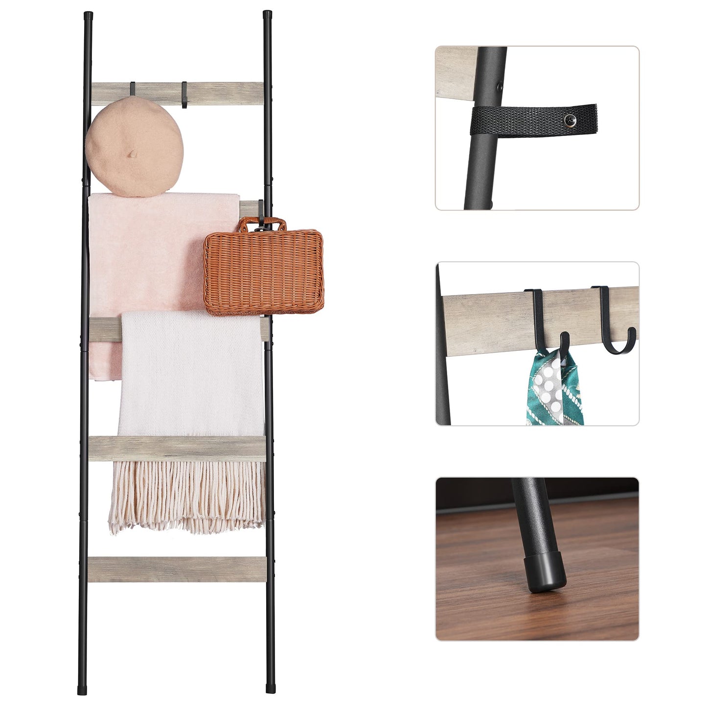ELYKEN Blanket Ladder for Living Room, Farmhouse 5-Tier Quilt Holder with 4 Removable Hooks for Bathroom, Wood Towel Rack Display, Wall Anchor Leaning Decorative Stand for Home, White Oak