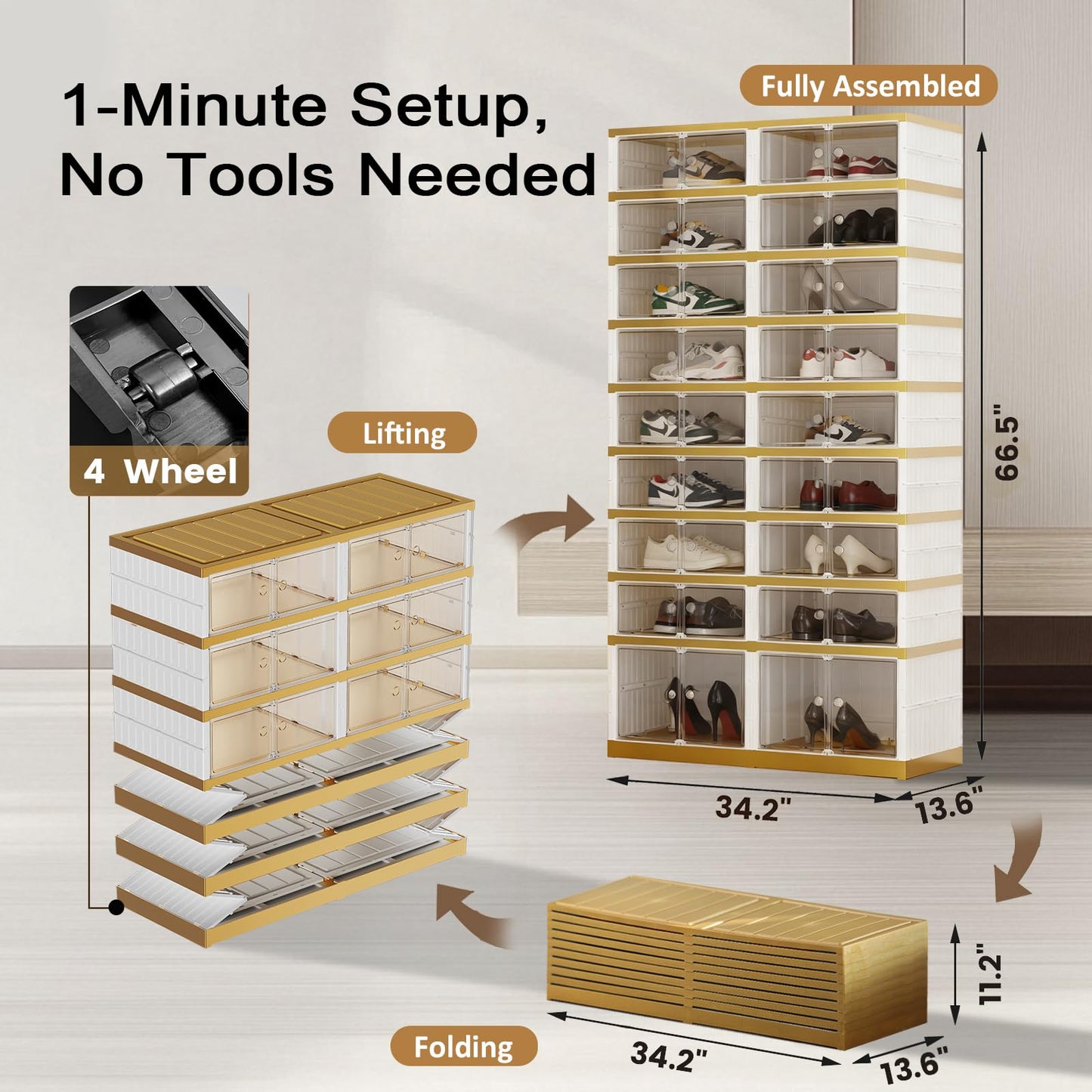 SYNCVIBE Shoe Rack Organizer for Closet Entryway Foldable Sneaker Storage Shoe, Collapsible Shoe Cabinet, Stackable Shoe Storage Cabinet with Lids for Living Room (9 Tiers -36 Pairs White Gold)