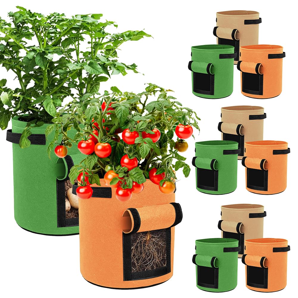 kuchisity 9 Pack 15 Gallon Potato Growing Bags, Colorful Garden Planting Bag with Handle and Harvest Window, Nonwoven Aeration Fabric Growing Bags with Flap for Tomatoes, Vegetables, and Fruits