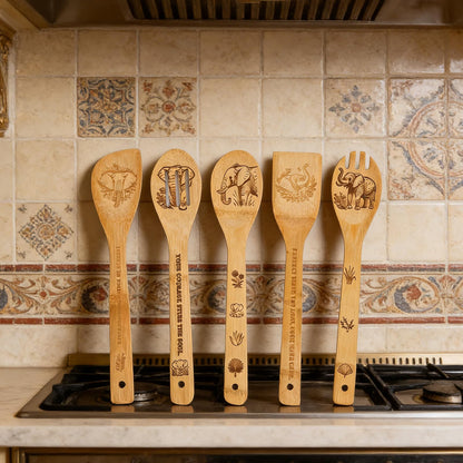 Bamboo Spoons for Cooking as Elephant Gifts for Women, 6 PCs Kitchen Utensils Set with Holder as Elephant Gifts, Wooden Cooking Utensils Set Home Decor, Birthday Housewarming Gifts for Women
