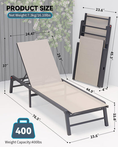FHVIT Aluminum Chaise Lounge Chair Outdoor, Foldable Patio Lounge Chair Assemble-Free, Pool Lounge Chairs with 5 Adjustable Backrest, Outdoor Lounge Chairs for Outside Poolside Beach Lawn Beige