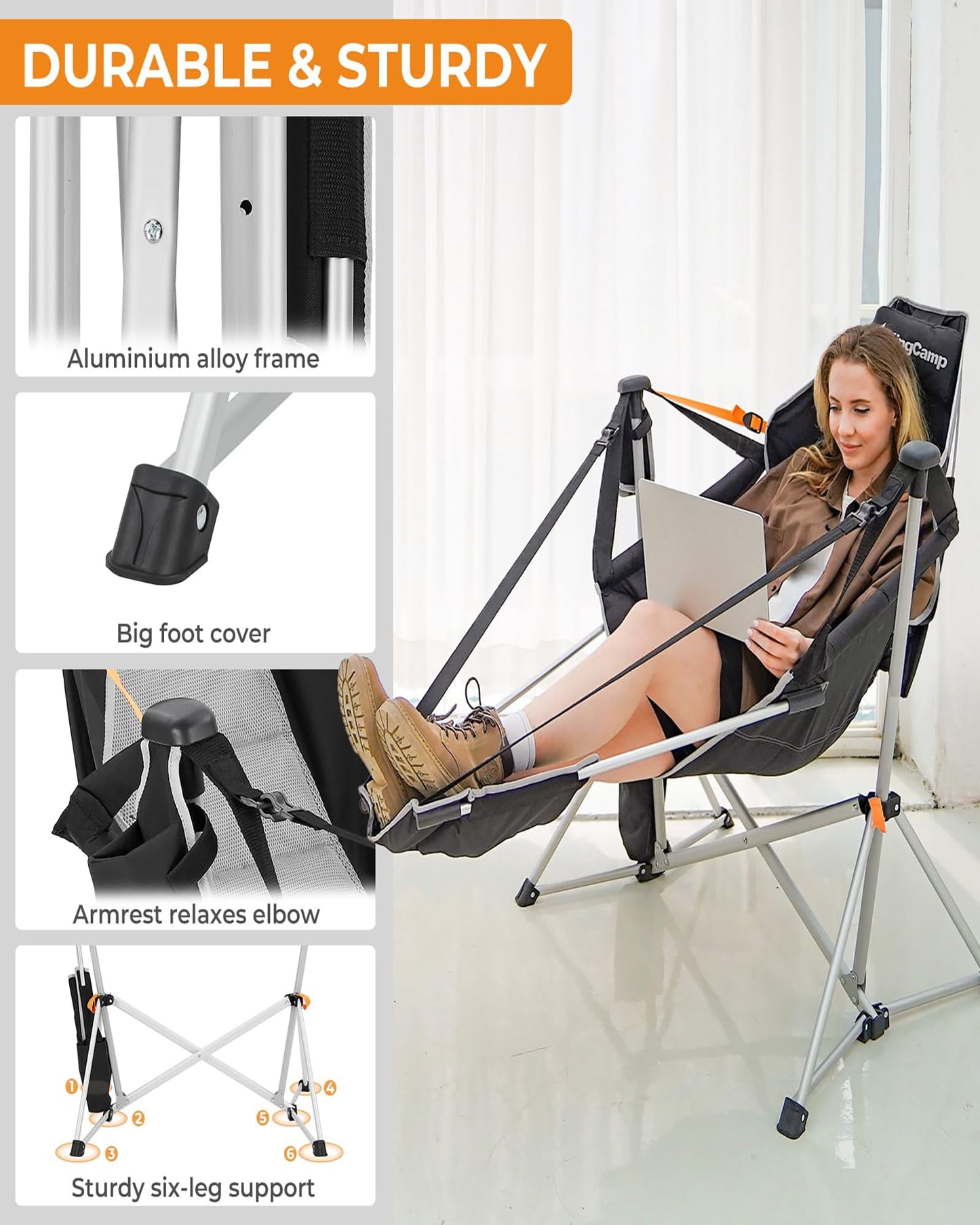 KingCamp Hammock Chair with Footrest, Swinging Portable Folding Camping Chairs for Adults MAX 400lbs Heavy Duty Foldable Oversized Rocker with Cup Holder Pillow for Outdoor Beach Patio Sport Lawn