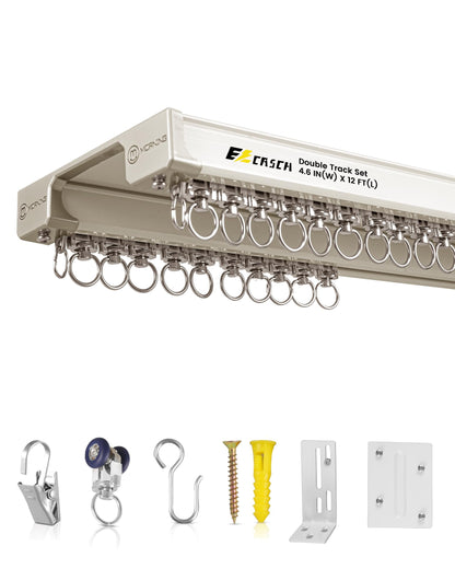 Ezcasch Ceiling Curtain Track Set - Dual Track Ceiling & Wall Mount 10ft-12ft, Heavy-Duty Double Track Rails with Silent Slides, Room Divider Double Track System, Includes Hooks/Clips/Brackets, White