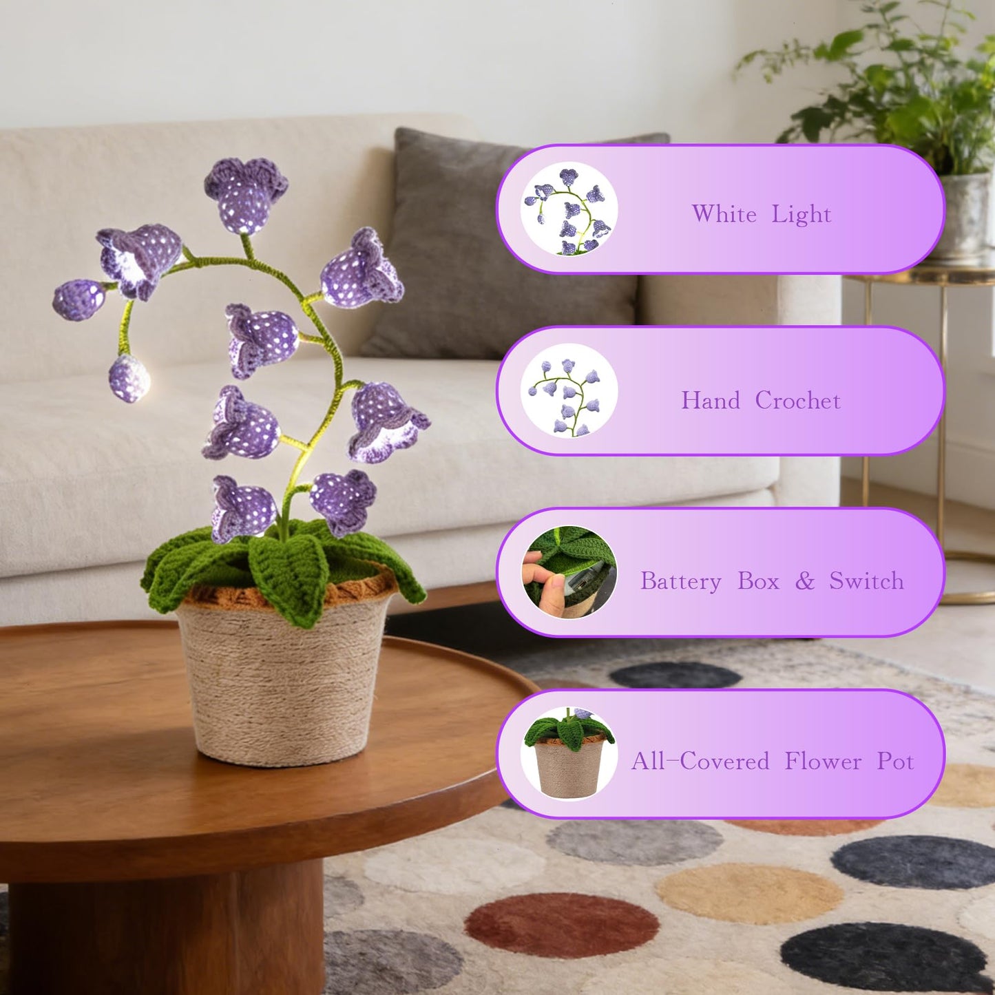 AVEKI Lily of Valley Lamp, Handmade Crochet Artificial Flower Lamp with Warm Light, Cute Desk Lamp for Bedroom, Battery Power Decor LED Night Light, Gift for Mom Daughter Girlfriend (Warm) (Purple)