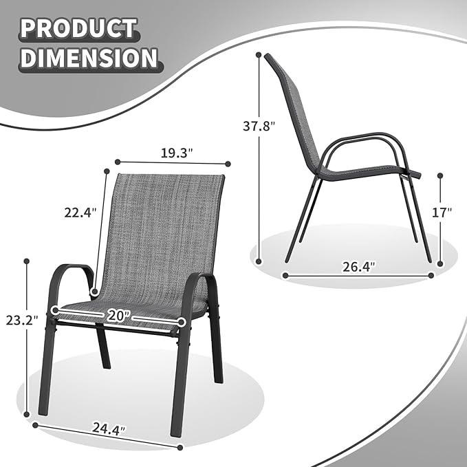Patio Dining Chairs Set of 6, Outdoor Stackable Dining Chairs High Back, Patio Furniture for Backyard, Porch, Garden, Poolside (Grey)